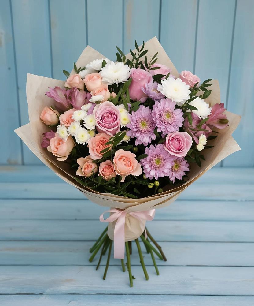Букет цветов из: Хризантемы, Розы и Альстромерии в Линда