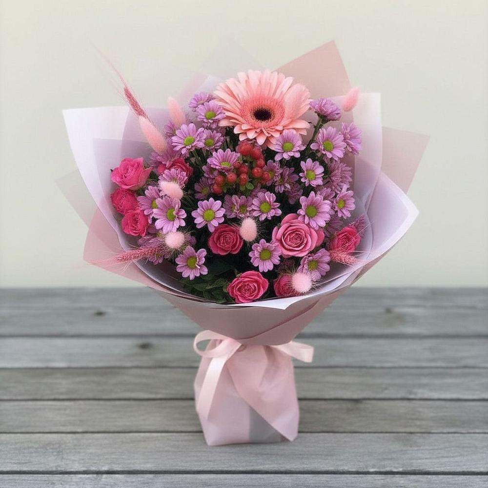 Букет цветов из: Розы, Герберы и Хризантемы в Линда