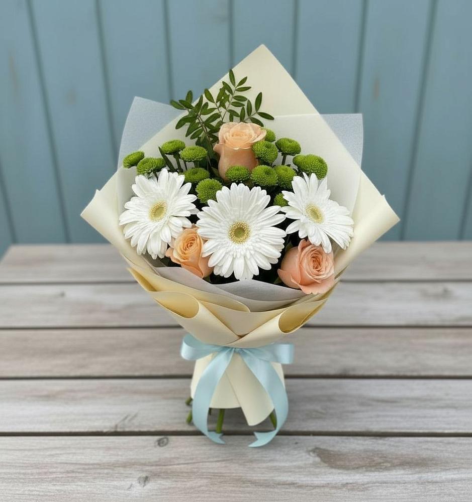 Букет цветов из: Герберы, Розы и Хризантемы в Линда