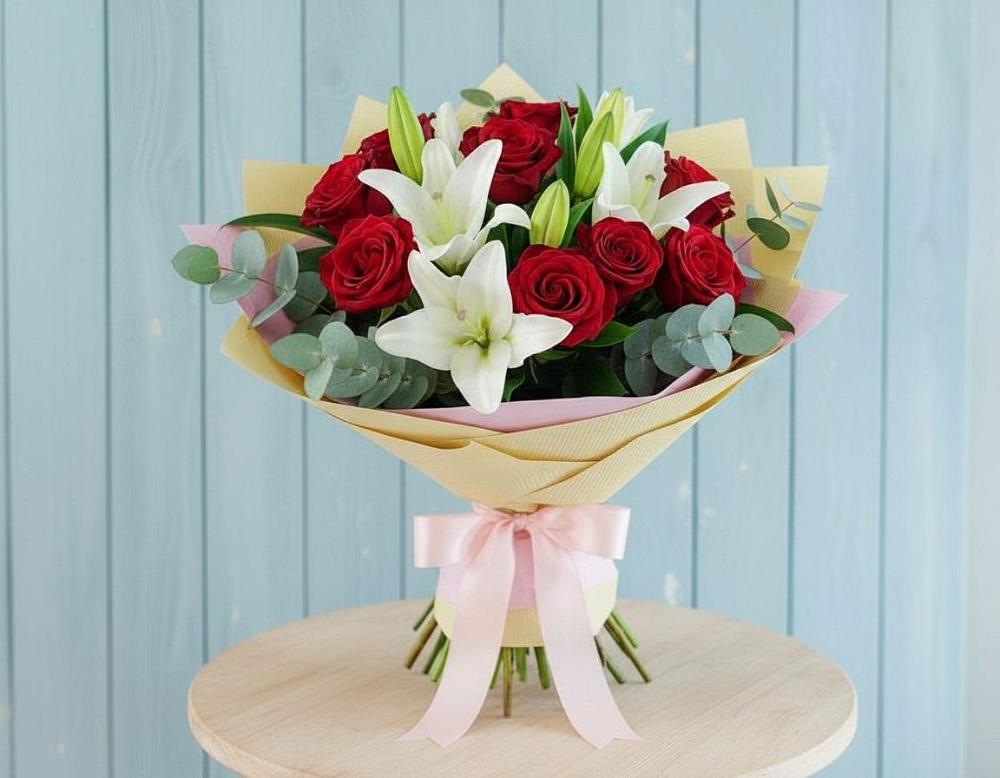 Букет цветов из: Лилии и Розы в Линда