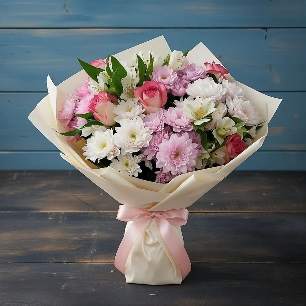 Букет цветов из: Хризантемы, Альстромерии и Розы в Линда